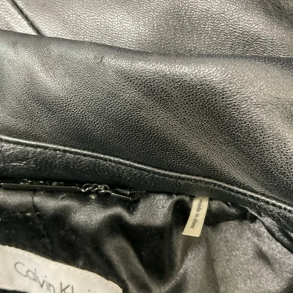 Calvin Klein Black Women's Snap Button Zip Genuine Leather Jacket Size L